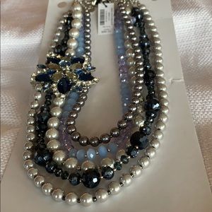 Triple bead necklace blue black and faux pearl